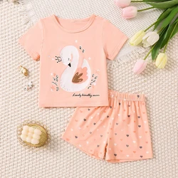 Summer Girls 2PCS Clothing Set Comfortable Feeling  Swan Pattern Baby Girls Sweatpants Clothes Set Toddler Girls Outfits