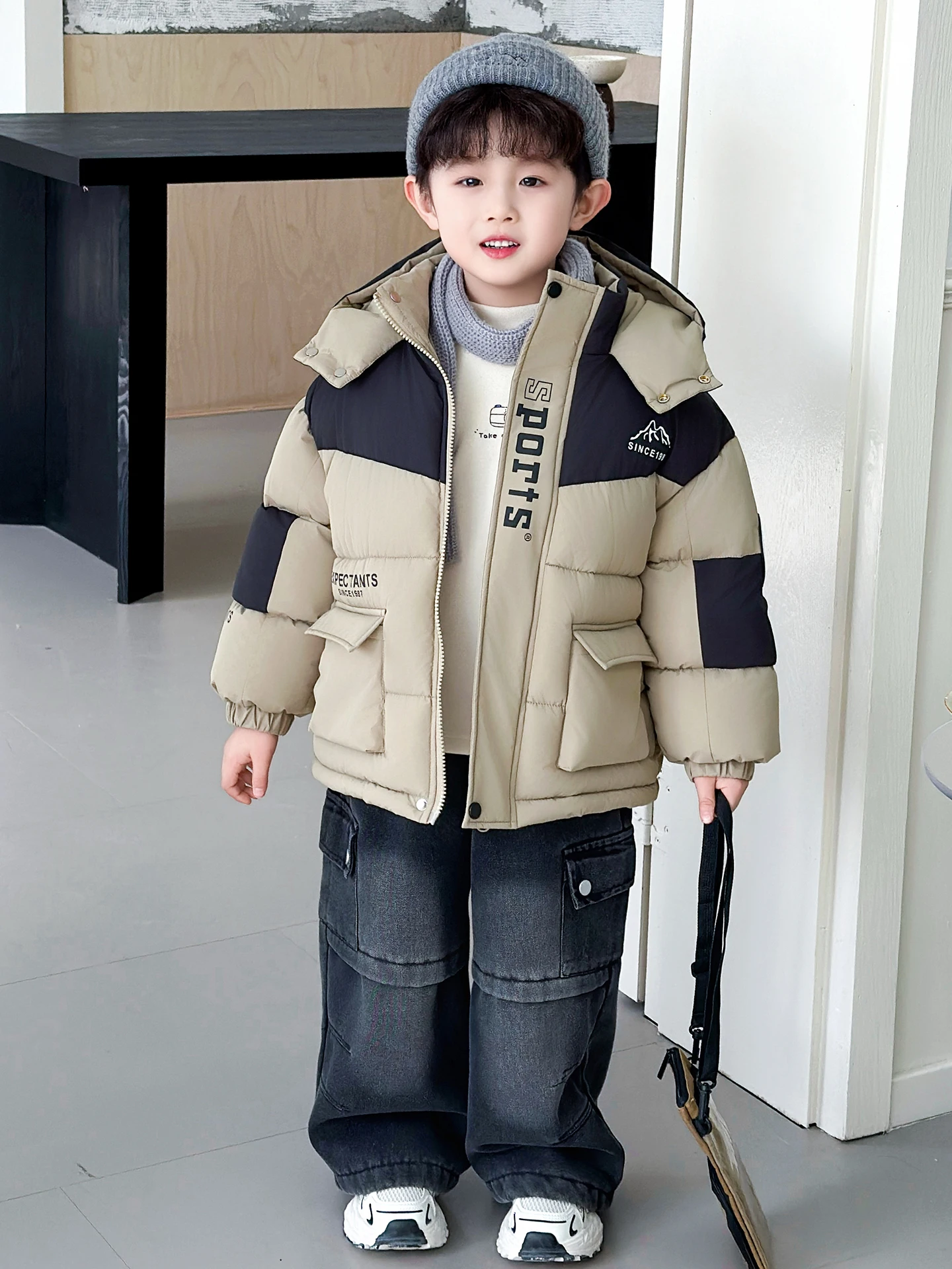 

Зимняя куртка Thiened Fce для мальчиков, теплая, повседневная, с принтом, длинная, на молнии, хлопковая одежда