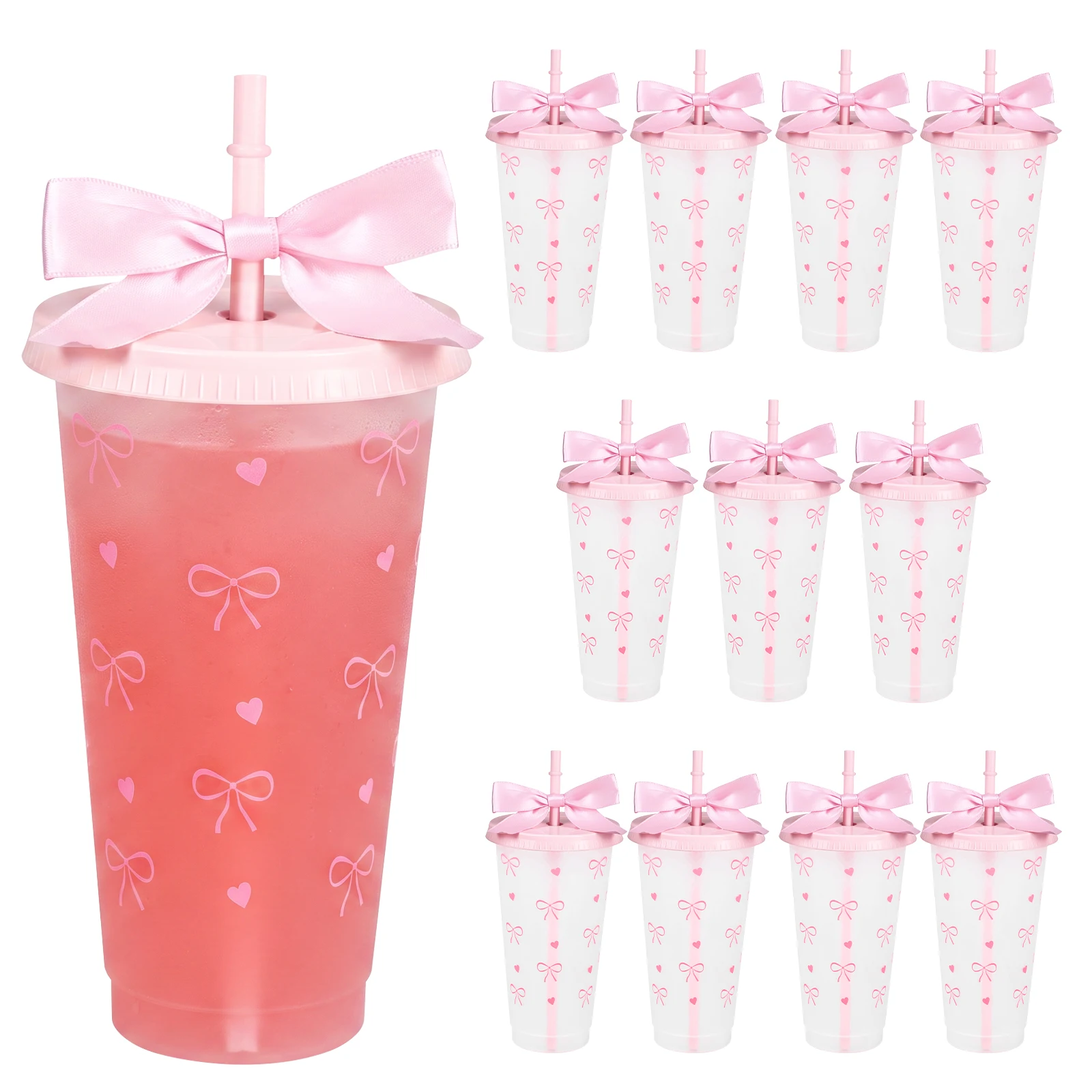 12Pcs Pink Bow Plastic Cups 700ml Coquette Bow Themed Drinking Cup Lidded Straw Cup Bundle for Birthday Wedding Party Picnic Use