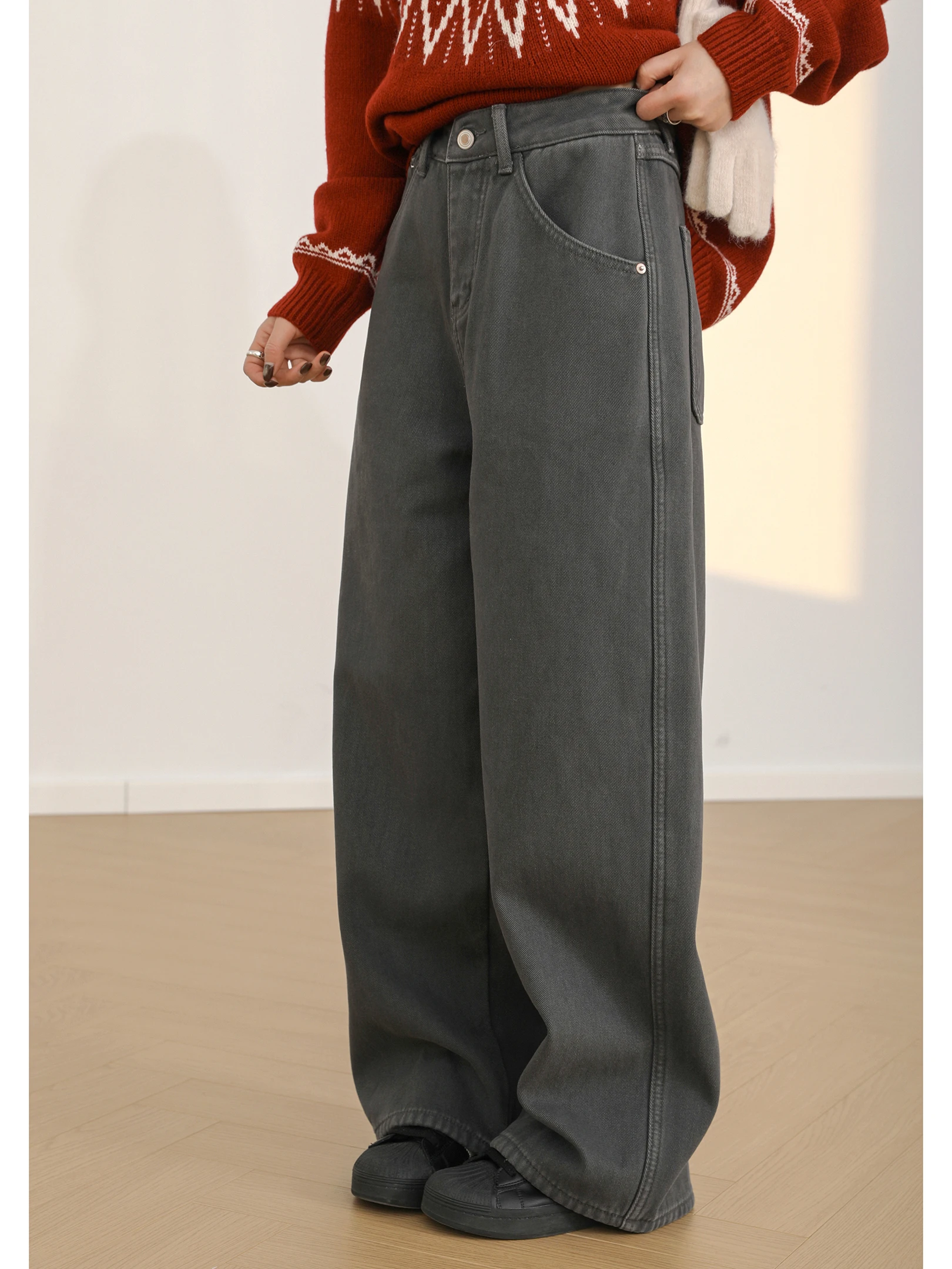 

Winter New Arrival Women's Fce Lined Wide Leg Jeans Retro Pure Cotton Cosite Fce Straight Leg Pants Casual High Waist