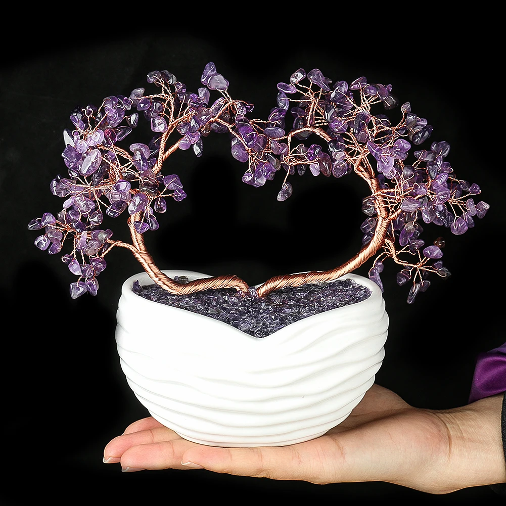 Natural Amethyst Stone Gravel Aluminum Wire Wound Twine Heart-shaped Tree Ceramic Love Base Ornament Office Decor Accessories