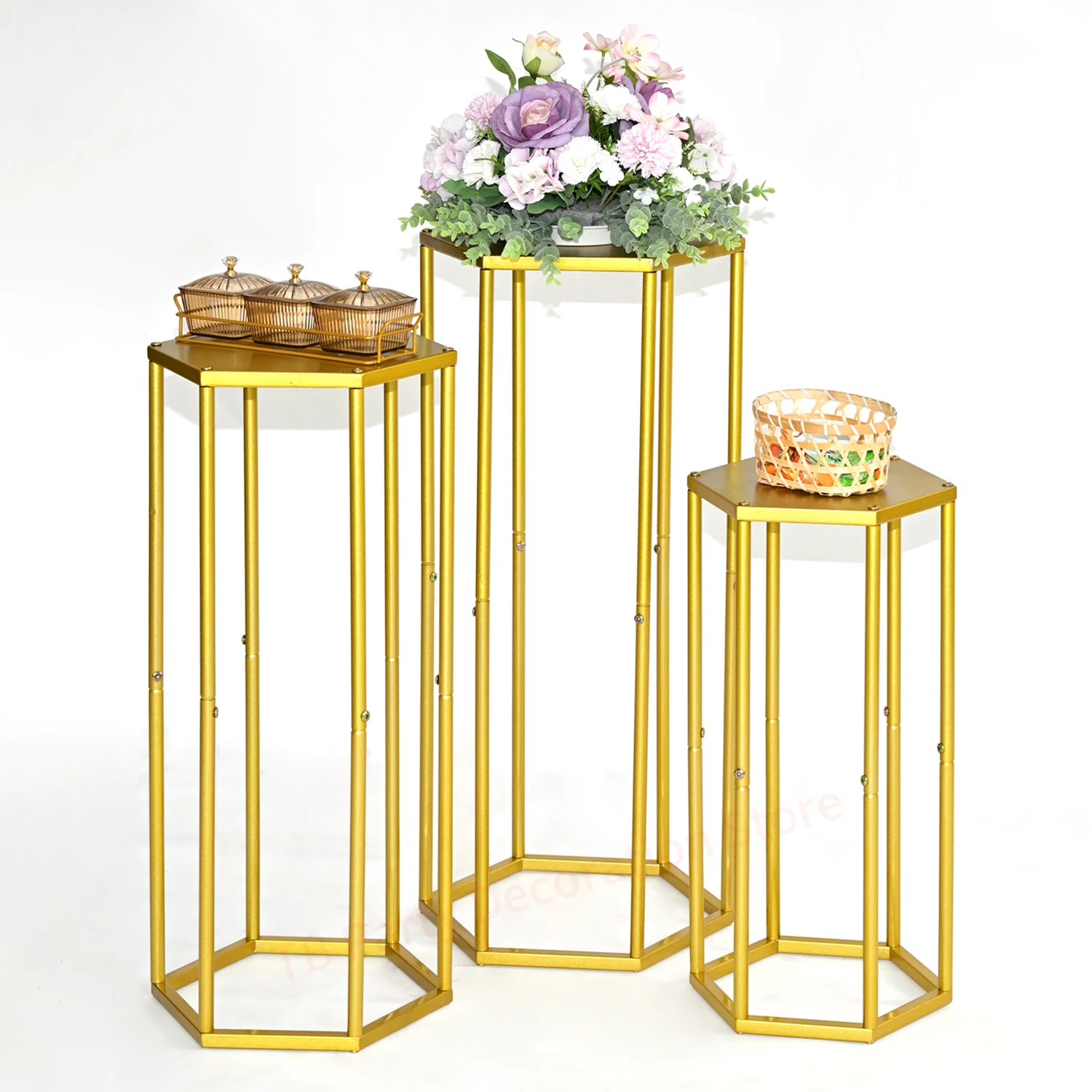 3pcs Gold Hexagon Display Cylinder Stands Wedding Decor Pedestal Stand for Party Dessert Cake Table Iron Rack Birthday Supplies