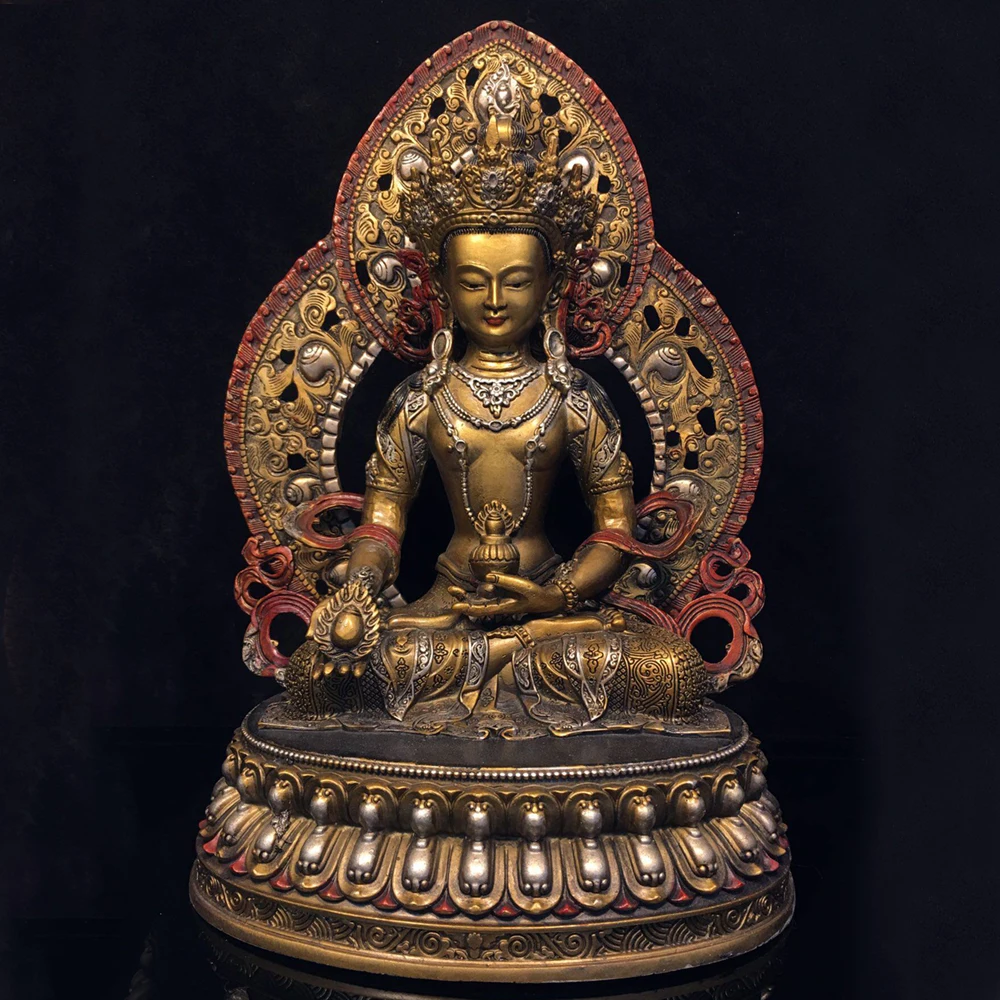 Exquisite Old Bronze Painted Ksitigarbha Bodhisattva Statue with Halo Serene Face Heavy Patina Fine Craftsmanship Home Decor