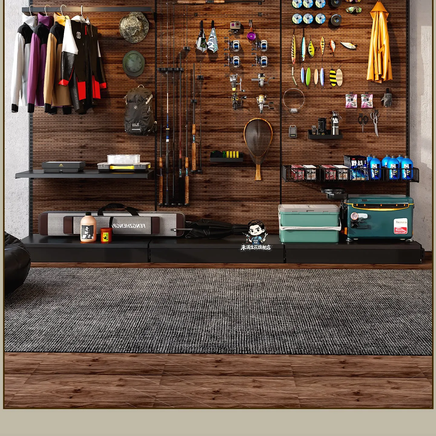 Walnut color lube rod fishing rod equipment any wall spinning line water drop wheel hole plate metal storage rack