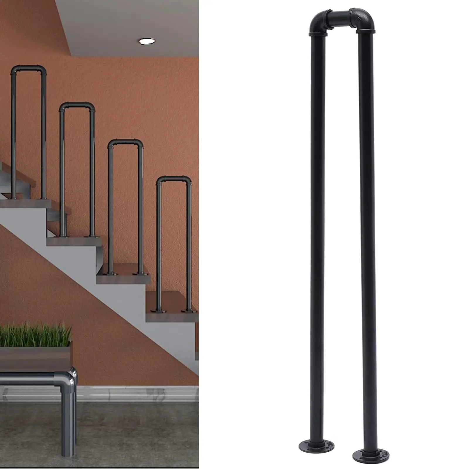 U-Shaped Stair Handrail 39.5in Industrial Railing Non-Slip Grab Bar for Indoor or Outdoor Garden Loft Corridor Villa Hotel Elder