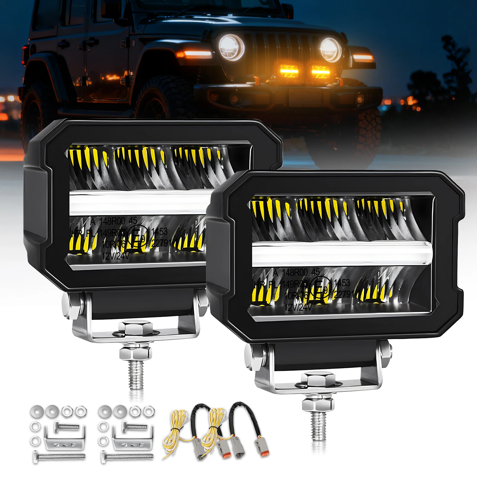UNISHINE 4,5 Zoll LED-Arbeitsscheinwerfer mit Weiß-Bernsteinfarbenen Tagfahrlichtern, Spotlichtern, Blinkleuchten mit DT-Stecker-Kabelbaum, Nebelscheinwerfer für den Offroad-Einsatz