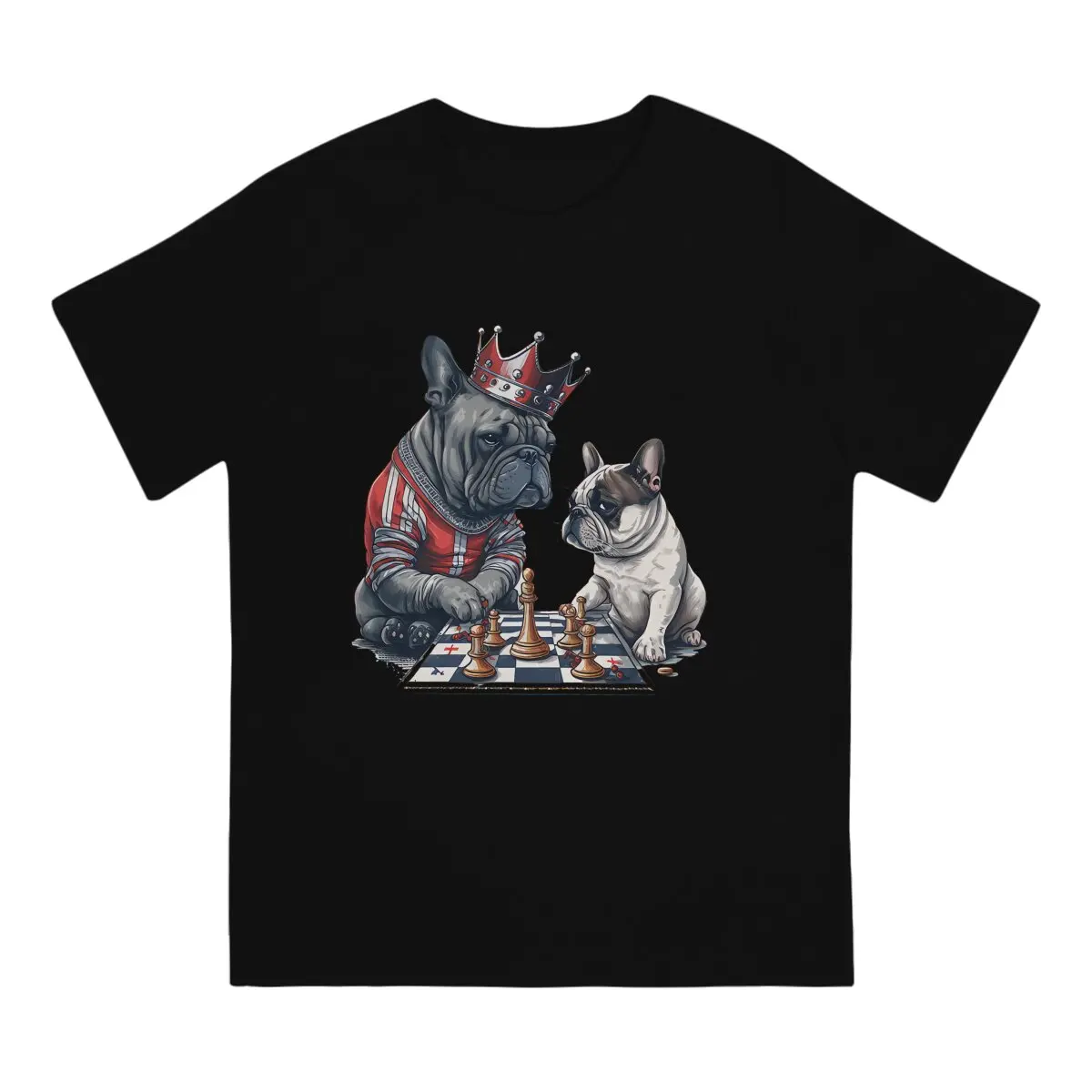 British Bulldog Wearing Crown And Playing Chess Men T Shirt Chess Design Amazing Tee Shirt Short Sleeve Round Neck T-Shirt