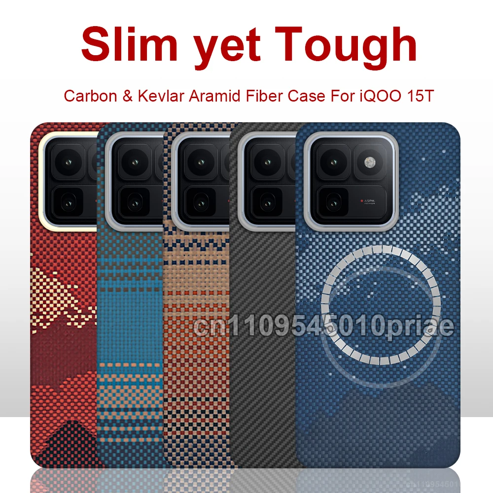 

For vivo iqoo 15t case carbon 600d 1500d kevlar aramid fiber fabric thin hard cover magnetic balck Slim light red