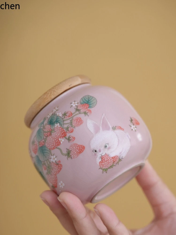 PYH pink ru kiln strawberry rabbit tea can ceramic for home sealed portable storage canned loose tea empty jar