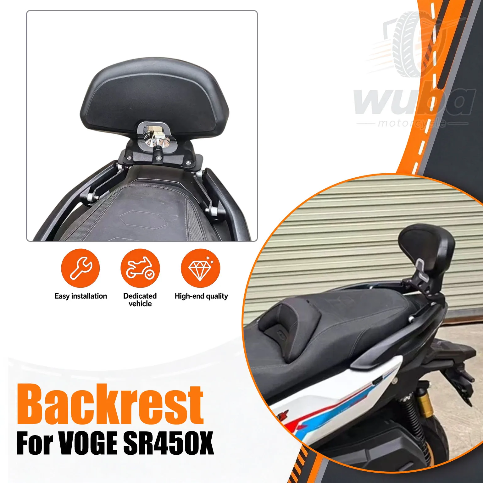 For the VOGE SR450X scooter, a multi-functional folding backrest, rear rack, side cases, and passenger backrest have been added.