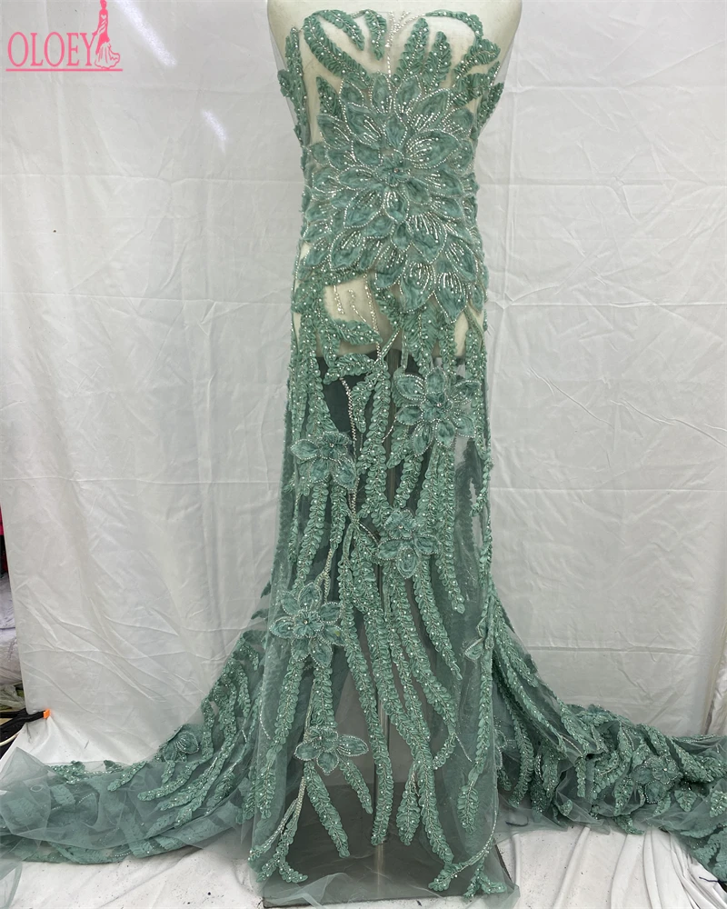 OLOEY-tela de encaje de tul francés africano de lujo, tela de encaje de lentejuelas nigerianas con cuentas de alta calidad para vestido de novia