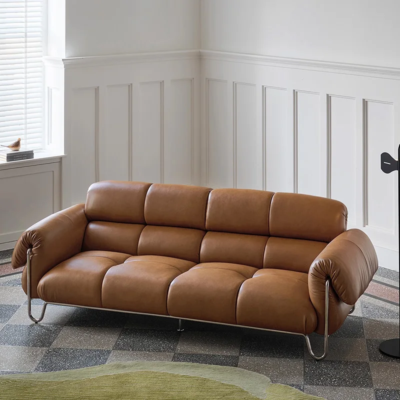 #Genuine Leather Three Seat Retro Style Sofa Movable Design High Density Sponge Filling Top Layer Cowhide Cover For Living Room