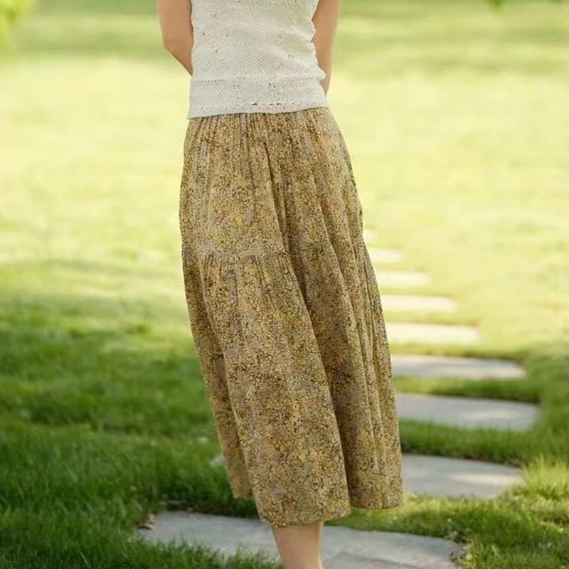Boho Pure Cotton Ditsy Floral Tiered Maxi Skirt Women Elastic High Waist Pleated Casual A Line Long Skirt