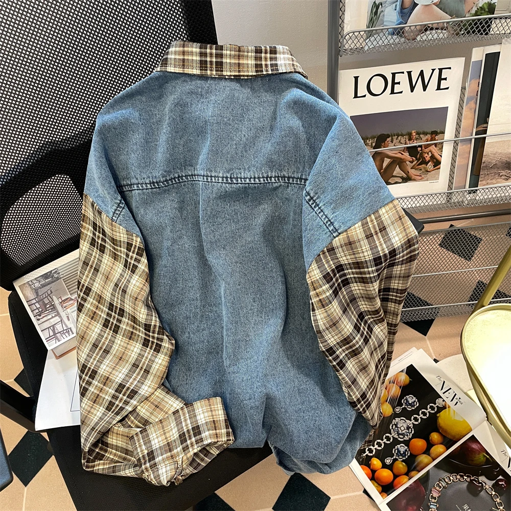 Vintage Denim Patchwork Plaid Shirts Women Autumn Long Sleeve Oversize Button Up Shirt Korean Fashion Casual Fall Outwear Tops