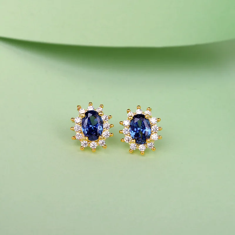 Royal Blue Lab Diamond Zircon Exquisite Elegant Earrings for Women Wedding Band Ear Stud Gold Color Vintage Jewelry Accessories