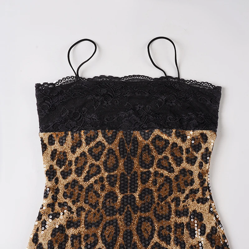Vestido ajustado con estampado de leopardo y purpurina para mujer, vestido Sexy ajustado con cuello oblicuo, sin mangas, moda de verano 2025