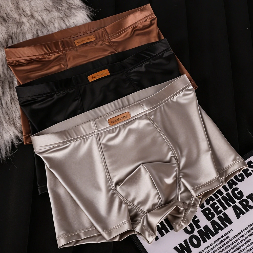 1/3PCS Luxury Solid Ice Silk Satin-like Men's Panties Smooth Breathable Mesh Crotch Underwear Arrival High Elastic Boxers Hombre
