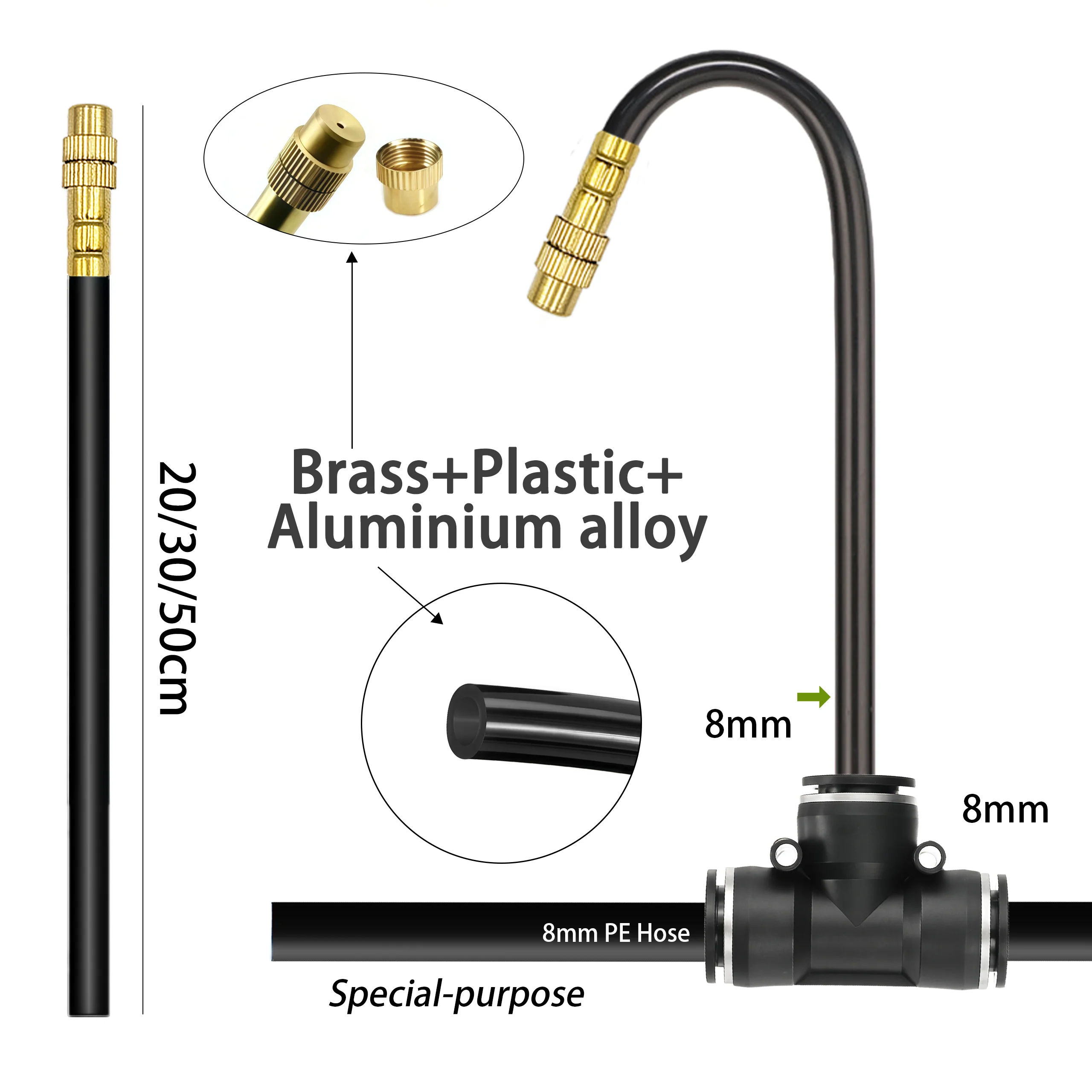 Garden Plant Mist Watering Kit 5-30M 8mm PE Hose 20cm 360 Degree Bending Brass Nozzle Spray For Atomized Automatic Irrigation
