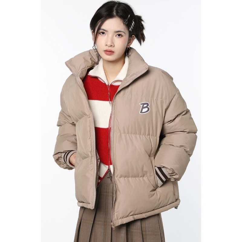 Women Khaki Jacket Stand Collar Coat Fashion American Street Style Double Layer Thicken Warm Duck Down Winter Female Outwear