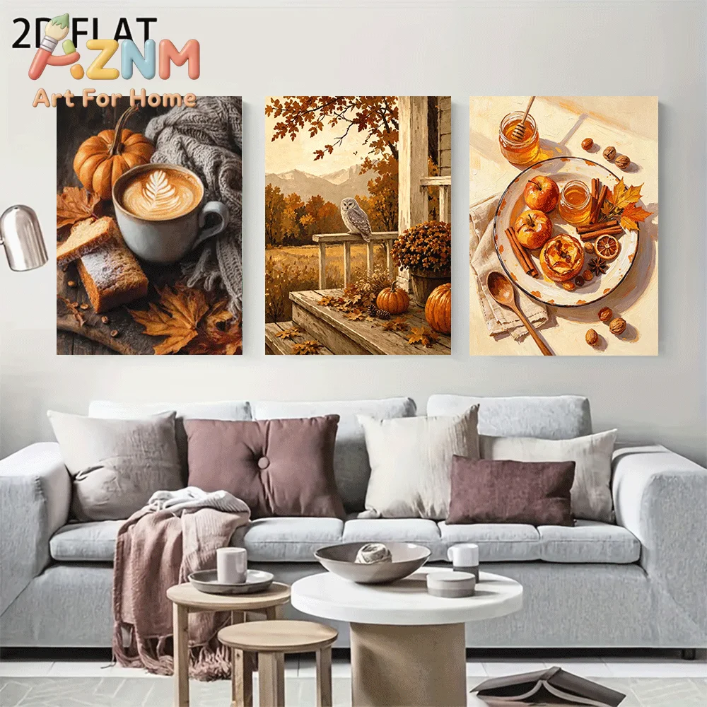 AZNM Frameless Canvas Wall Art, Autumn Harvest Oil Painting Print, Pumpkin Coffee Owl Apple Dessert Fall Scenery Art Poster for