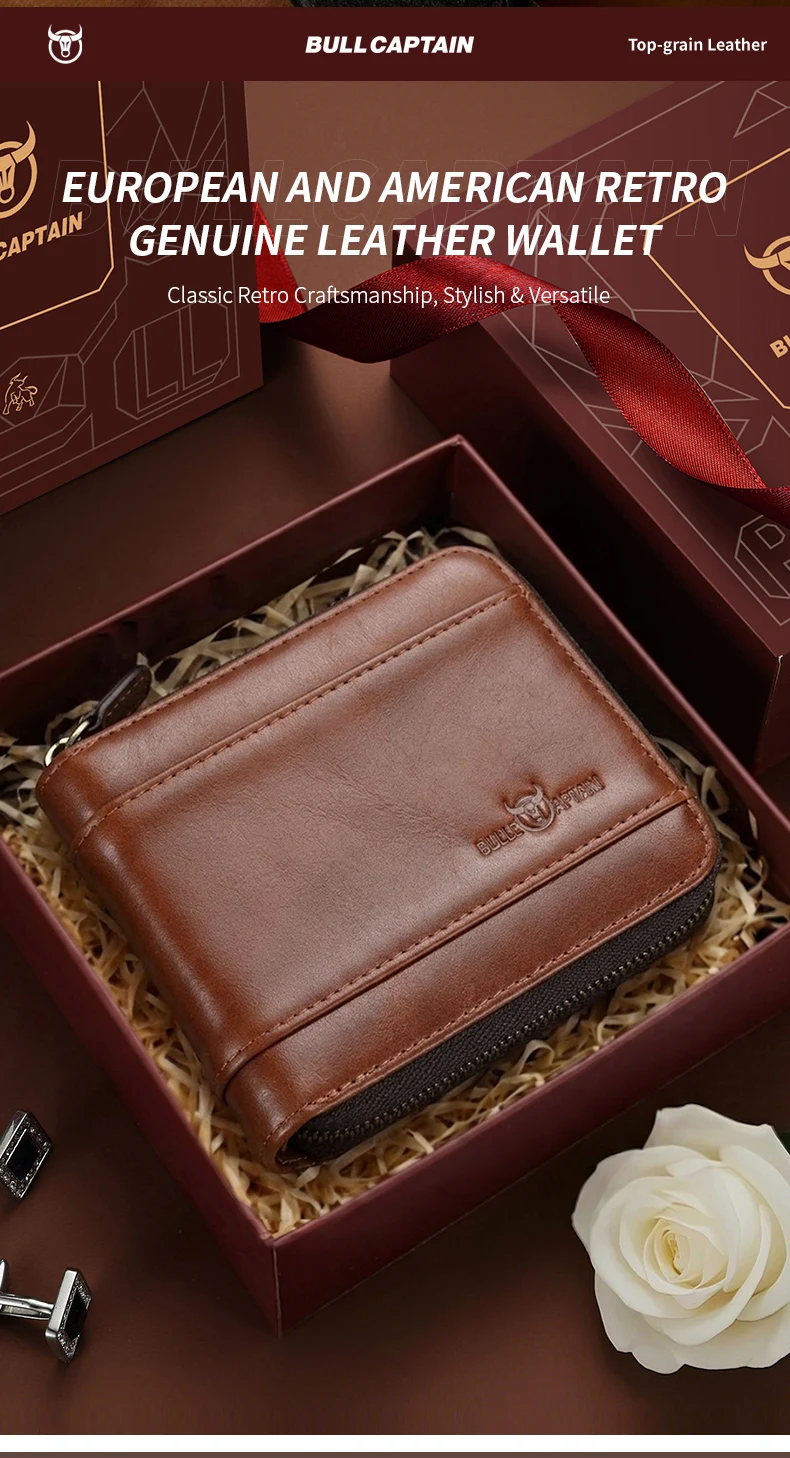 BULLCAPTAIN Geldbörse Retro Vintage Geldbörse Europäischer und Amerikanischer Horizontaler Stil Echtes Leder RFID Münz- und Kartenhalter Geldbörsen – Detail 6