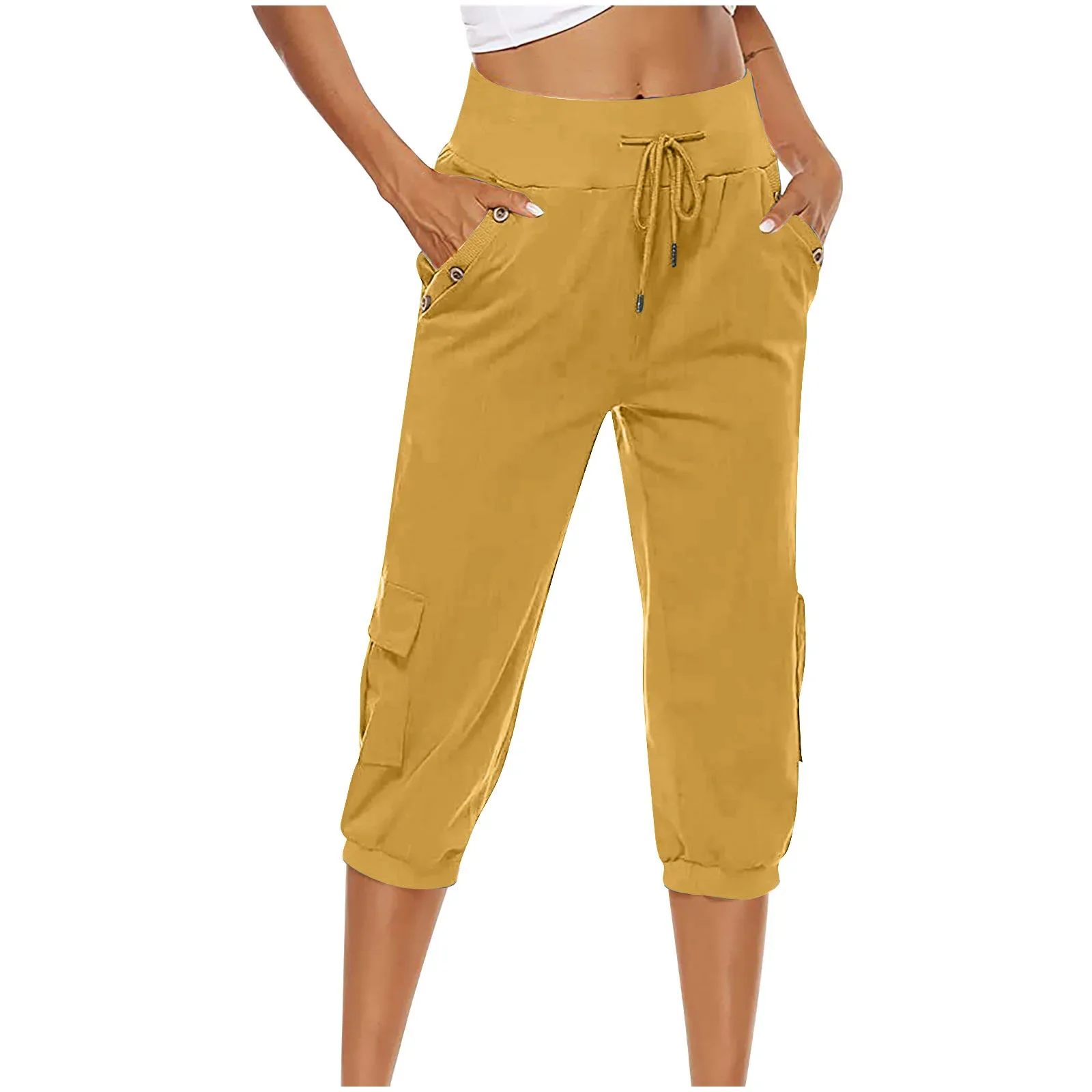 2024 Summer Women Cargo Capri Pants Casual Loose Female Multi-pocket Drawstring Trousers High Waist Ladies Fashion Streetwear