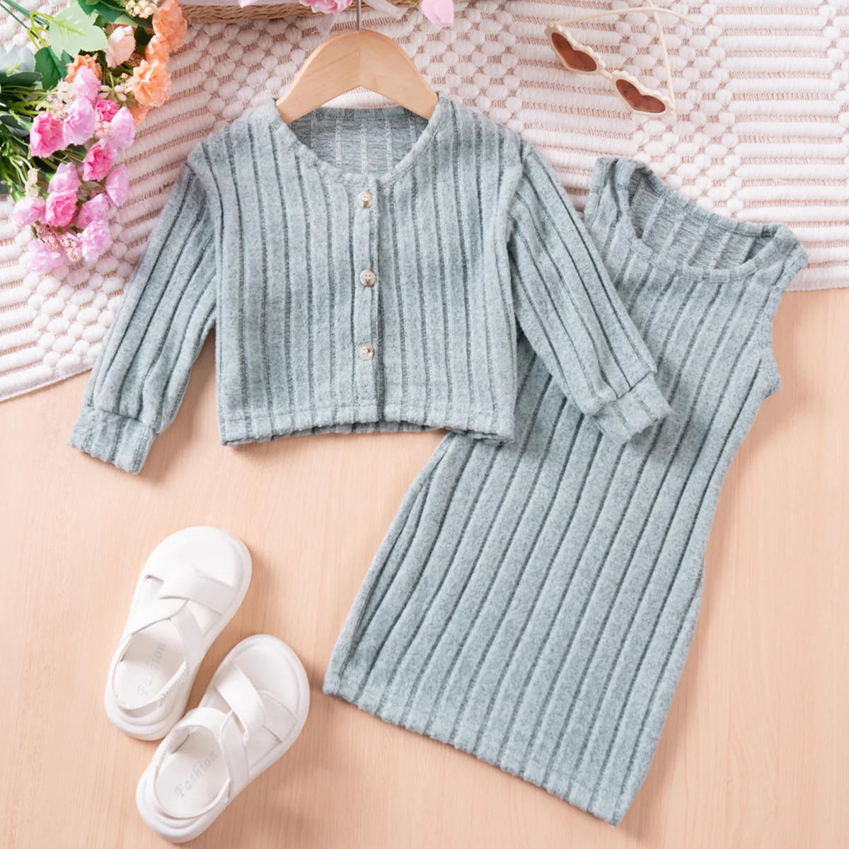 

2PCS Kniting Long Sleeve Jacket+One Piece Dress Autumn Baby Girl Clothes Set Solid Elegant Kids Dress Set Spring Children Outfit