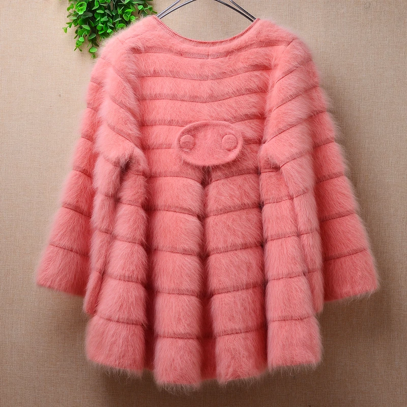 Ladies Women Fall Winter Clothing Sweet Pink Hairy Mink Cashmere Knitted Striped Three Quarter Sleeve Slim Cardigan Coat Sweater