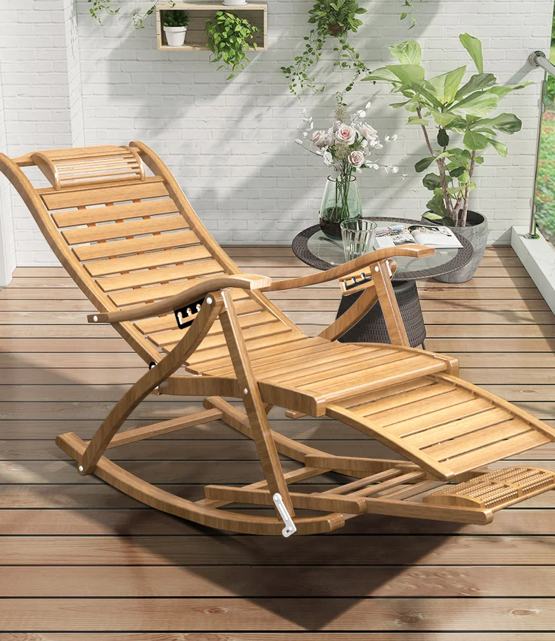 كرسي استلقاء للتشمس من الخيزران قابل للطي للحديقة مع مدلك للقدمين #2