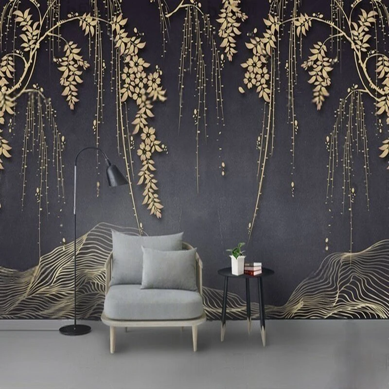 

MU8984 Modern and grand golden willow leaf and branch line TV background wall painting
