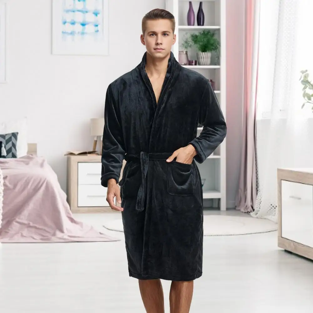 Camisola quente aconchegante camisola de flanela com bolsos rendas frente para homem na altura do joelho roupão lounge sleepwear macio manga longa