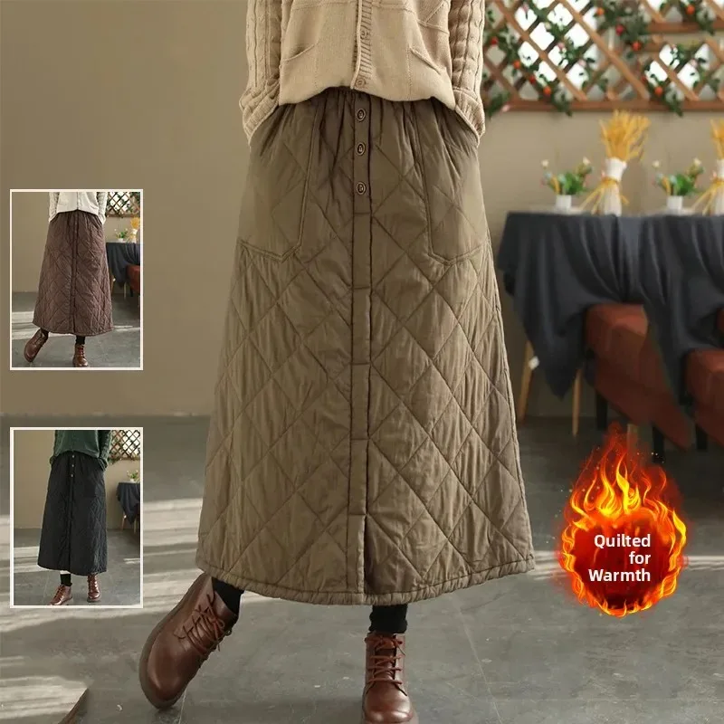 

Retro High Waist Long Cotton F Skirt Warm Quilted Diamond Id Design Plus Size Casual Midi Skirt for Middle-Aged Women