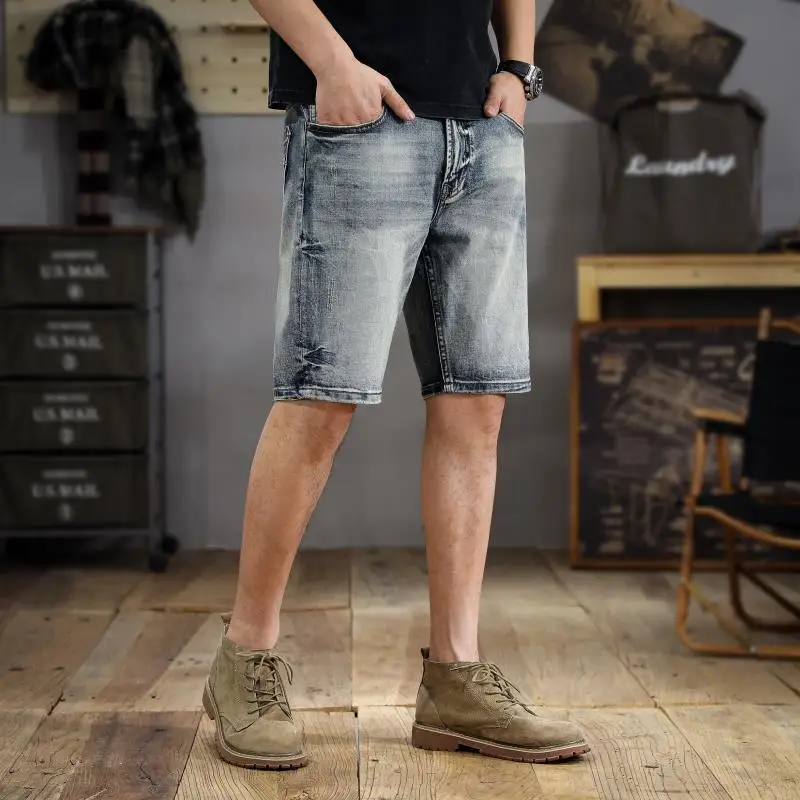 

New American tide vintage washed men's denim shorts summer versatile Slim straight five-minute pants