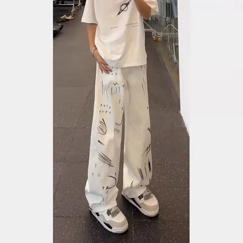 

Белые джинсы-фити для мужчин, весна-осень, широкие штанины, облегающие, свободного кроя, из смесового хлопка и полиэстера, молодежный стиль