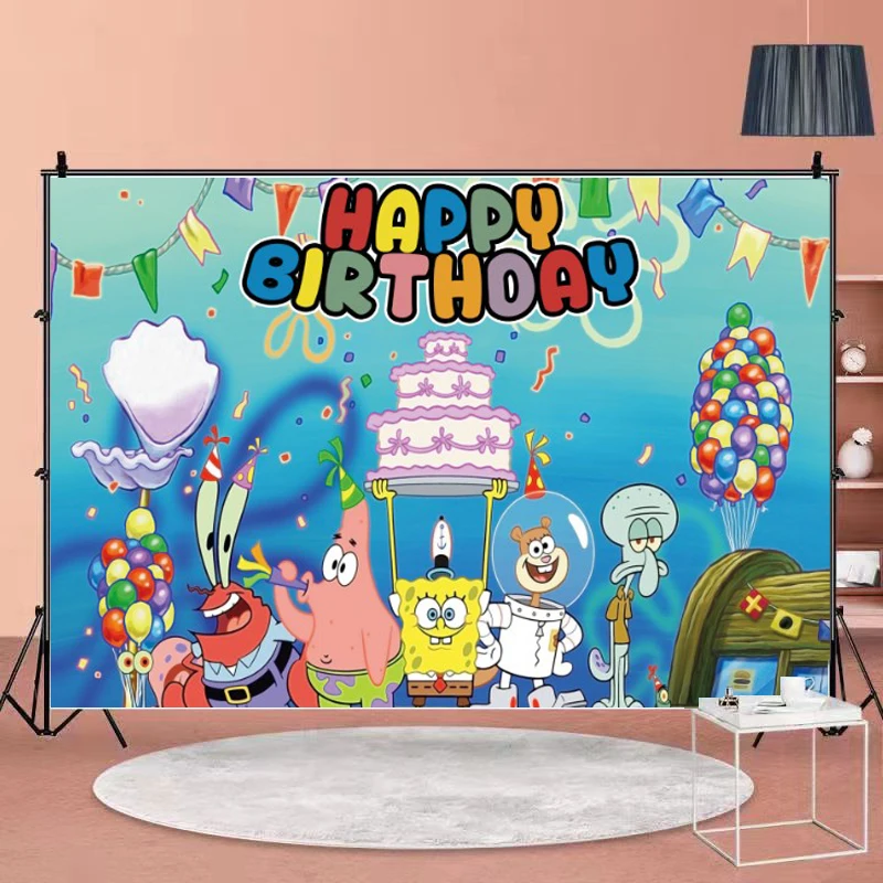 Sponge-bob Photography Backdrop Kids Baby Shower Birthday Party Photozone Family Shoot Customizable Photo Vinyl Background