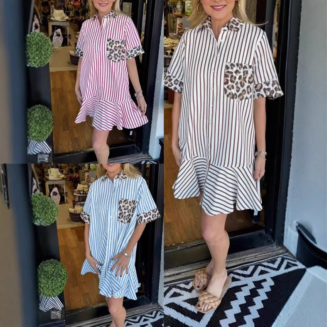 2025 Summer Fashion Women's Casual Trendy Striped Turn-down Collar Short Sleeve Above Knee Length Shirt Dresses Female Clothes