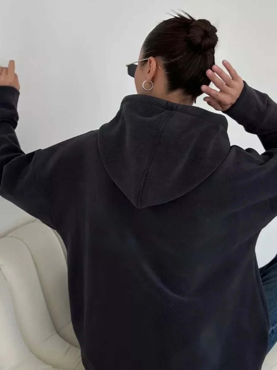 루즈핏 레터링 라인스톤 후드티 프린트 윈드 레터 글루 드릴 탑 여성 캐주얼 편안한 긴팔 후디