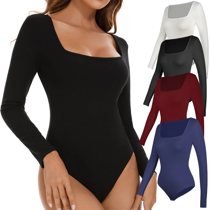 Womens Bodysuit Low Cut Square Neck Long Sleeve Shapewear Underwear Tummy Control Belly Compression Bottoming Shirt Jumpsuits