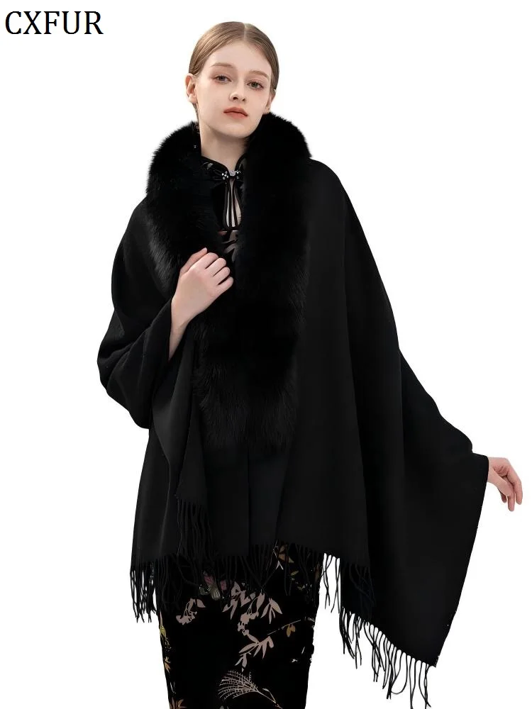

CX-B-P-18 Classic Warm Gorgeous Real Fox Fur Trim Wool Blends Shawl with Tassel