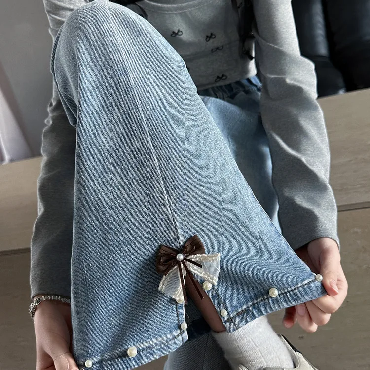 Kids New Style Split Cuffs Flared Jeans with Bow for Teens Girls Stylish Boot Cut Denim Pants Children Slim Fit Bootcut Trousers