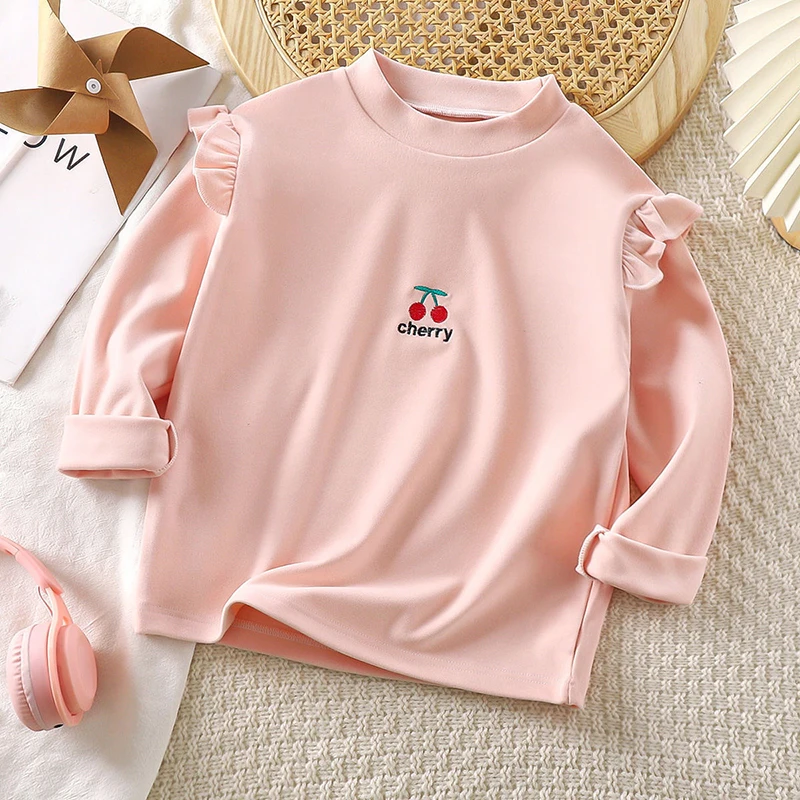 

Spring Autumn Girls T-shirts Tops Children Clothes Turtleneck Cartoon Long Sleeve Warm Fleece Bottoming Shirts Tees for Kids