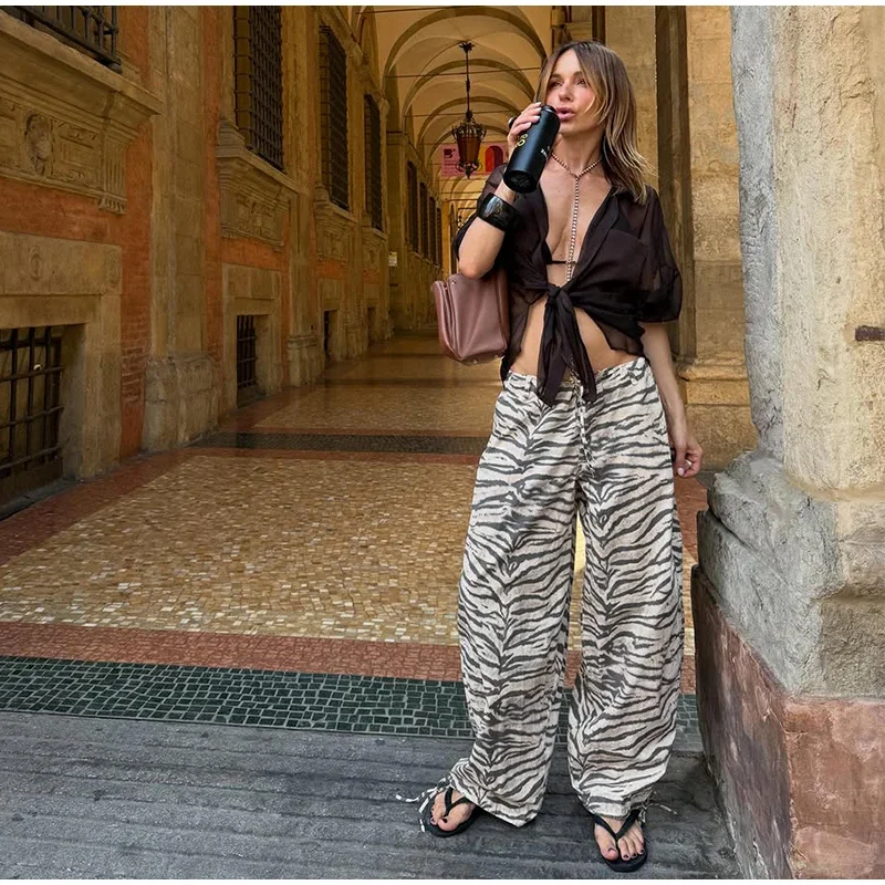 Damen-Freizeithose mit Zebramuster, Kordelzug, elastische Taille, verstellbare Bindebänder am Saum, lockeres, weites Bein, für den täglichen Gebrauch, Streetwear-Hose – Detail 12