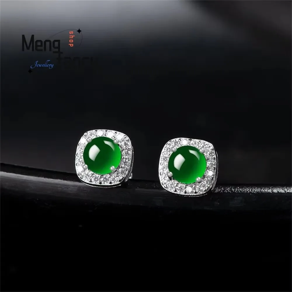 

Natural A-goods Jadeite Yang Green Egg Earrings Icy Jade S925 Silver Inlay Elegant Exquisite Fashion Luxury Jewelry Holiday Gift