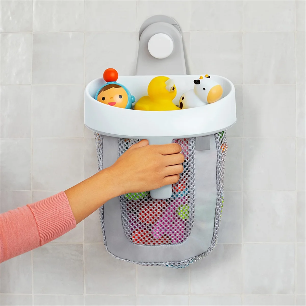 A013 Rangement pour jouets de bain suspendu avec maille à séchage rapide, blanc et gris