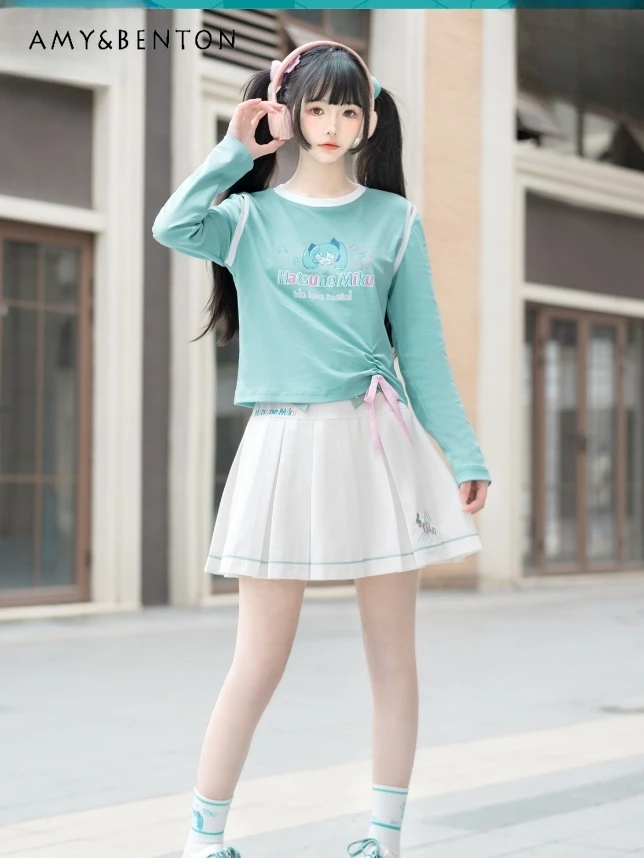 Preppy Style Kawaii Anime Embroidered Baseball Uniform Slim Top Pleated Skirt Three-Piece Set Spring New Sweet Girl Skirt Sets