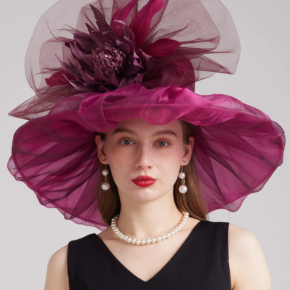 FS Purple Red Luxury Fascinators Hats Flower Church Hats For Women Elegant Organza Wedding Kentucky Derby Cap Chapeau Femme 2024