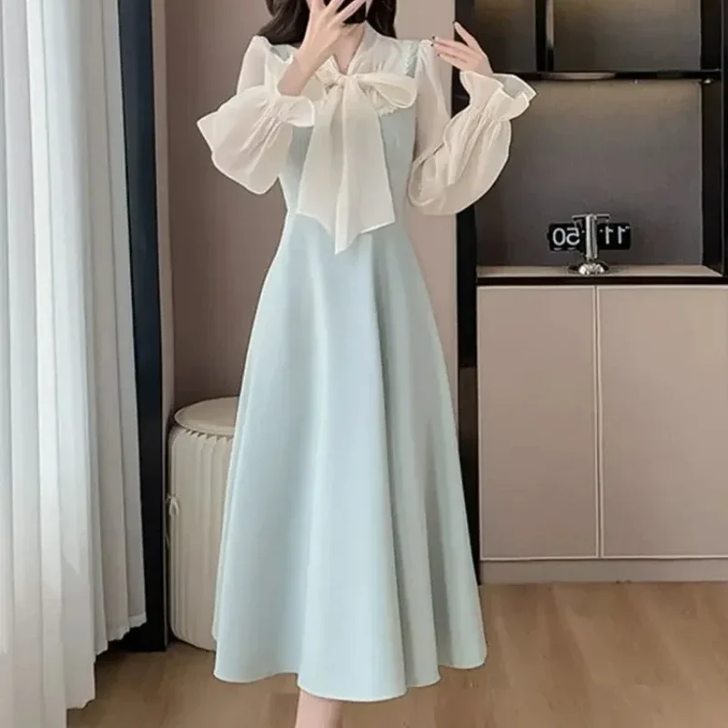 Dresses for Women Silk Bow New In Spring Autumn Woman Long Sleeve Dress Features Elegant Party Casual Youth One-piece Aesthetic