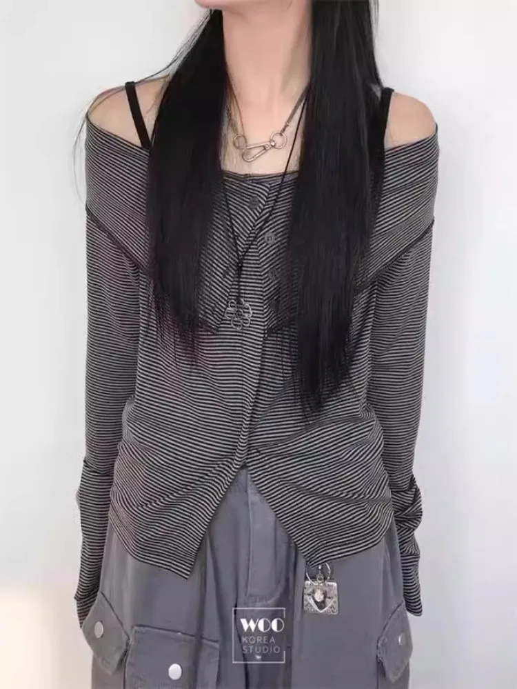 빈티지 패션 오프 숄더 탑 Mujer 봄 가을 여성을위한 새로운 슬림 피트 티셔츠 Y2k 긴 소매 스트라이프 Blusas Mujer