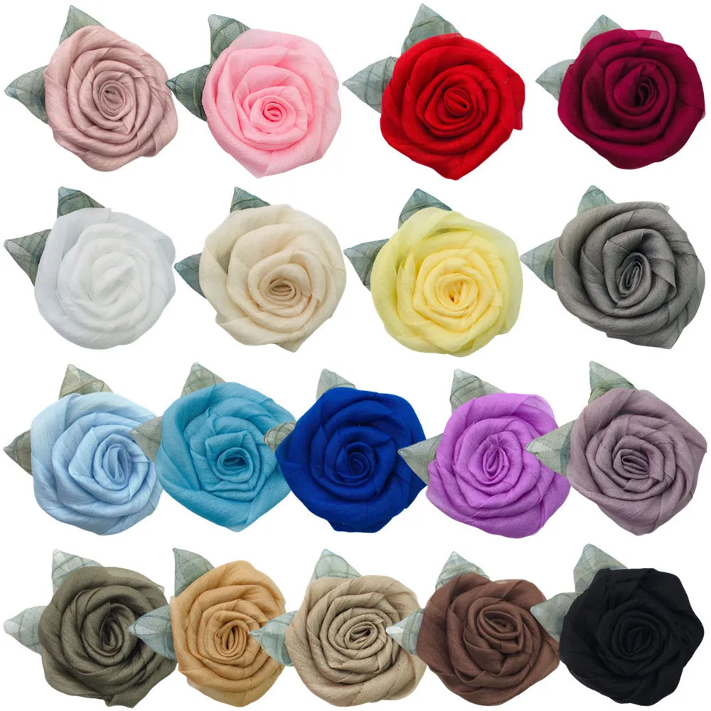 

300pcs Wholesale Korean Version 5cm Organza With Leaves Rose Fabric Handmade Gauze Flower Headdress Clothing Accessories Crystal