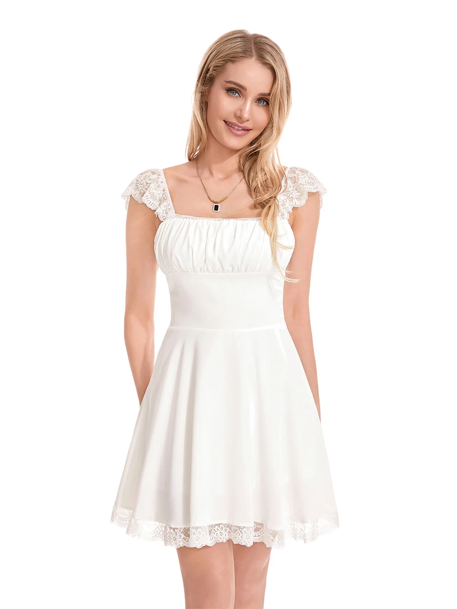 

Women Lace Strap Mini Dress Square Neck Flowy A-Line Ruffle Swing Short Dress Party Cocktail Graduation Dress